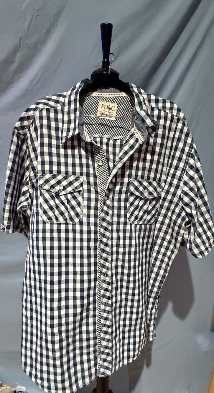 PD&C Men's Black and White Gingham Check Short Sleeve Button-Up Shirt XXL